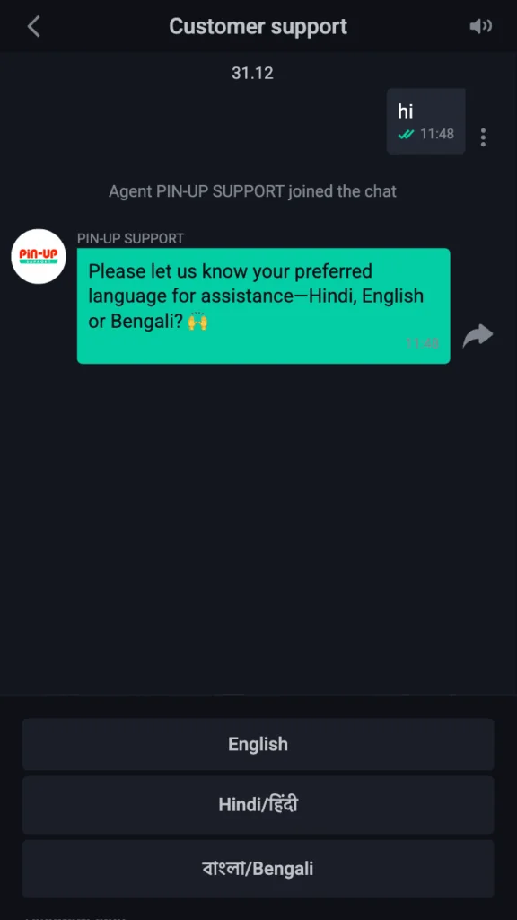 live chat at Casino Pin Up